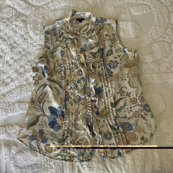 Talbots Floral Silk And Cotton Sleeveless Blouse Petite 8P Ruffle V-Neck Career - Picture 3 of 9